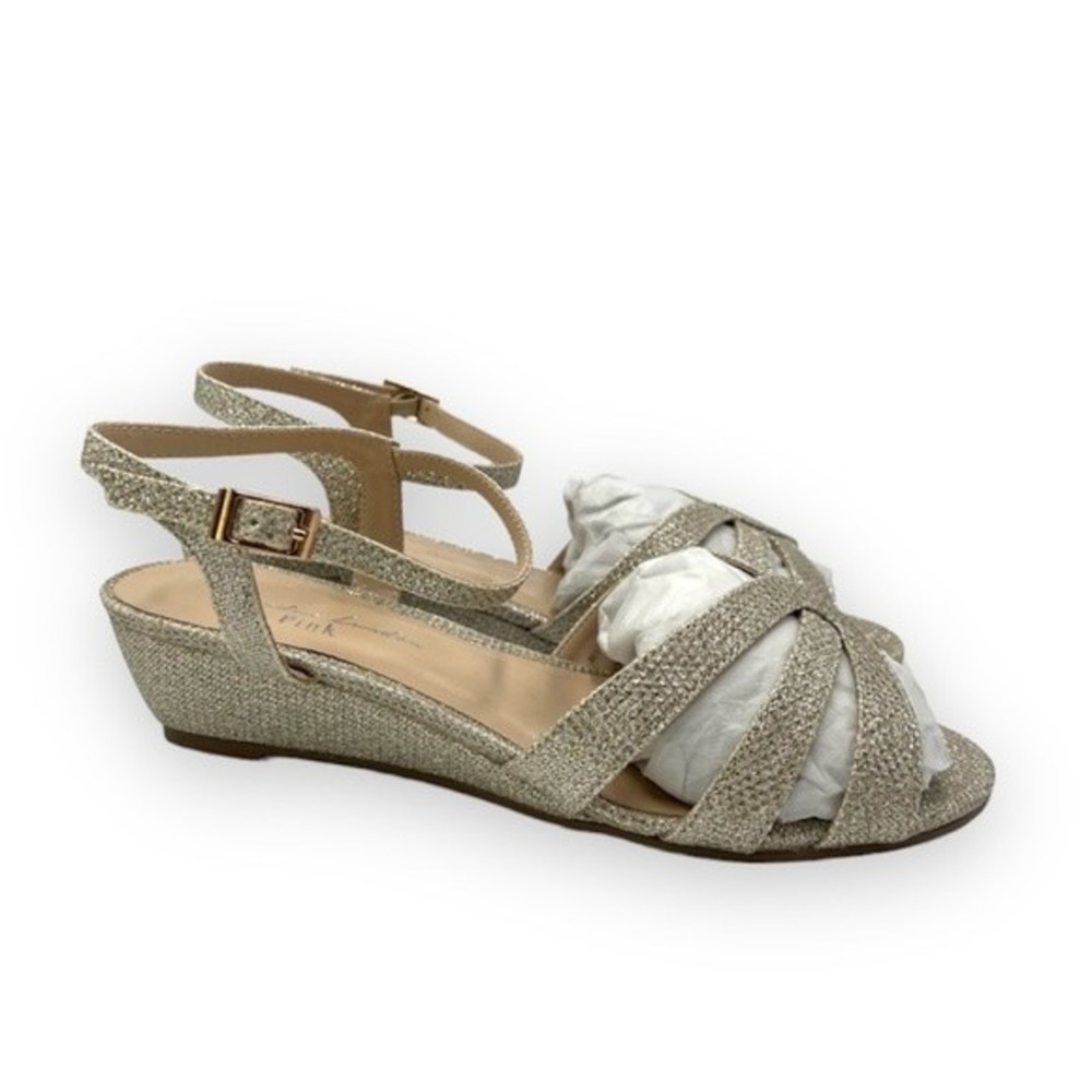 Paradox London Womens Size 7 Jackie Low Wedge Champagne Shimmer Dress Sandals